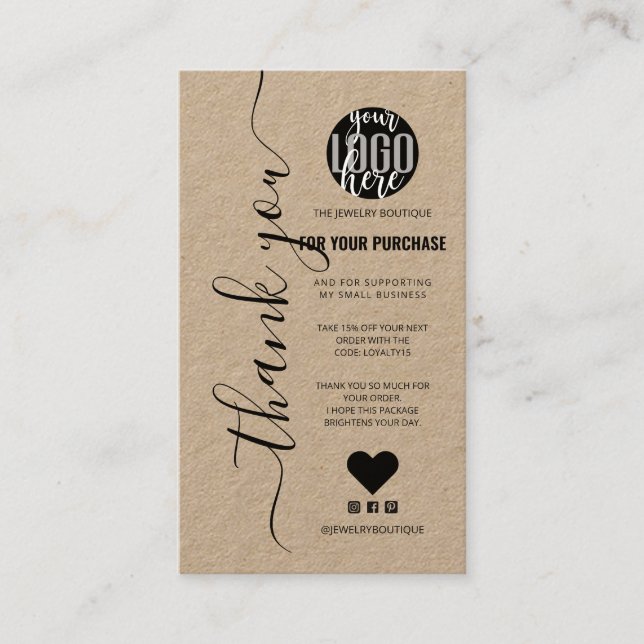 Minimalist Kraft Signature Script Order Thank You Business Card (Front)