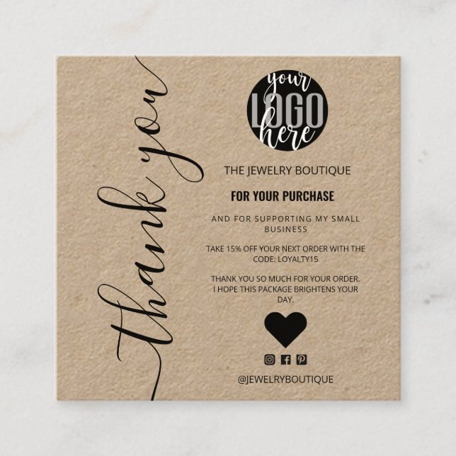 Minimalist Kraft Signature Script Order Thank You Square Business Card (Front)