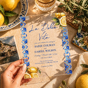Minimalist La Dolce Vita Italian Lemon Wedding Acrylic Invitations