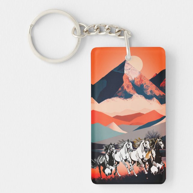 Minimalist Landscape Mountains & Running Horse -  Key Ring (Front)