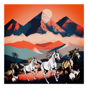 Minimalist Landscape Mountains & Running Horse -  Poster