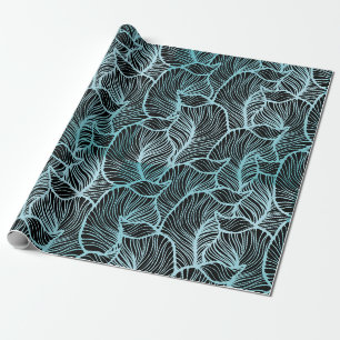 Minimalist Large Blue Leaves over Black Botanical  Wrapping Paper