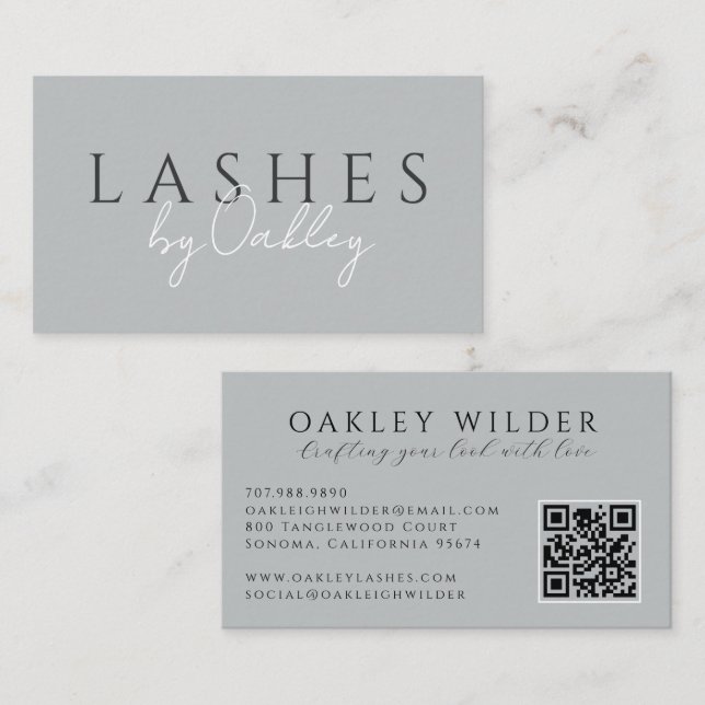 Minimalist Lash Technician Grey QR Code Business Card (Front/Back)
