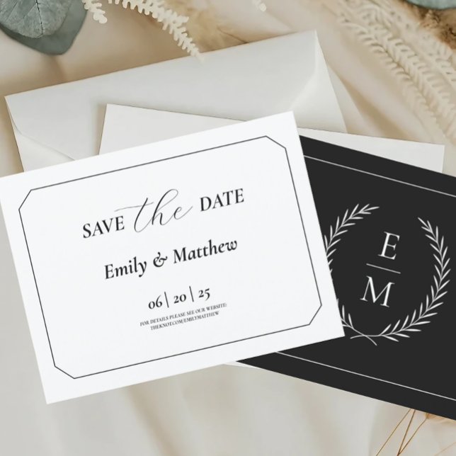 Minimalist Laurel Monogram Wedding Save The Date Announcement Postcard (Creator Uploaded)