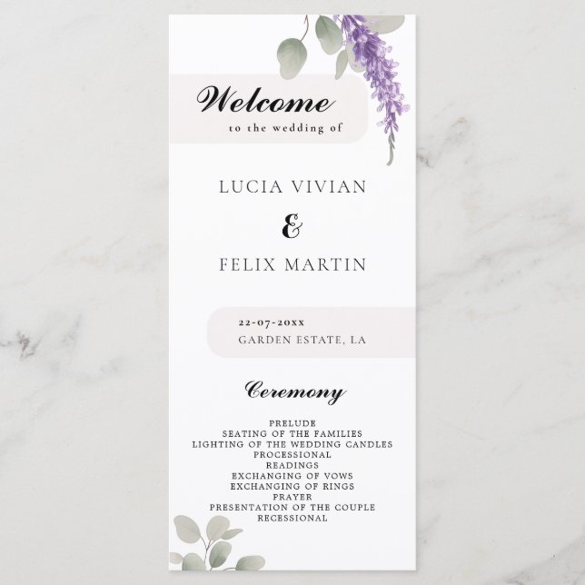 Minimalist Lavender Eucalyptus Wedding Program Menu (Front)