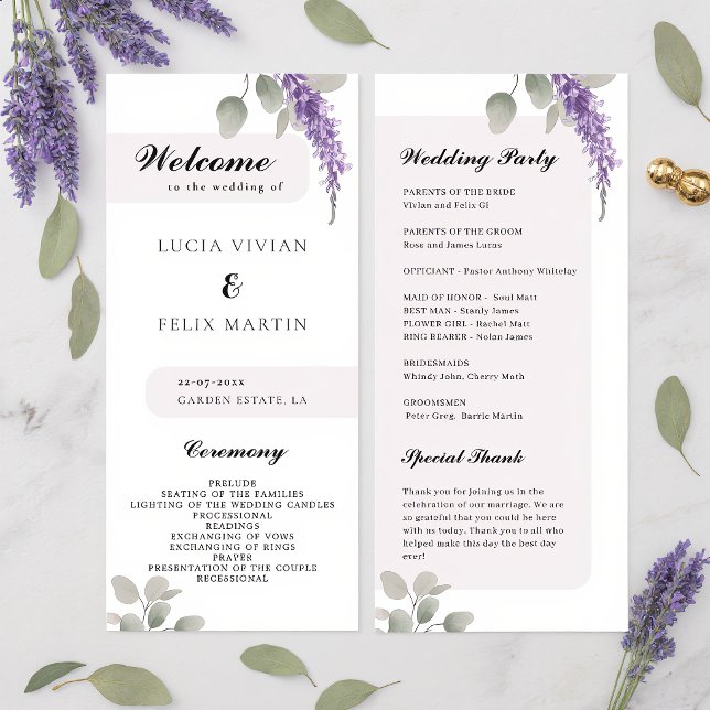 Minimalist Lavender Eucalyptus Wedding Program Menu (Creator Uploaded)