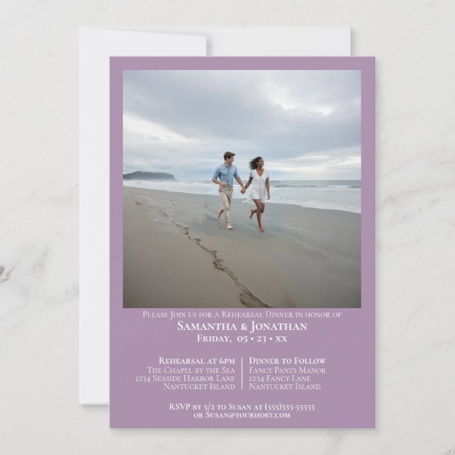 Minimalist Lavender Photo Wedding Rehearsal Dinner Invitation (Front)