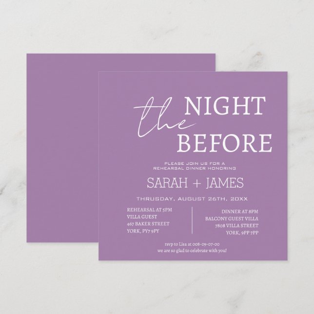 Minimalist Lavender Rehearsal Dinner Wedding  Invitation (Front/Back)