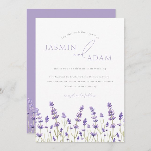  Minimalist Lavender Wildflowers Initials Wedding Invitation (Front/Back)