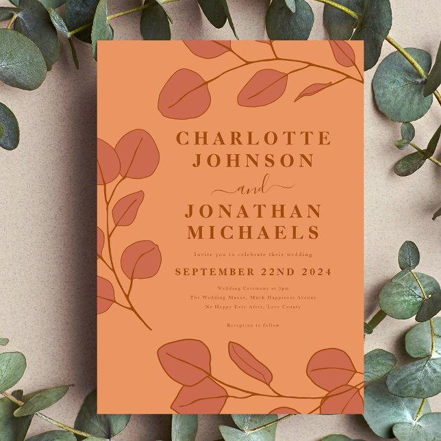 Minimalist Leaf Burnt Orange Fall Wedding Invitation (Minimalist eucalyptus leaves modern stylish orange and peach wedding invitation )