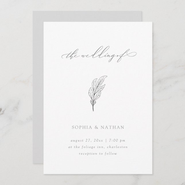 Minimalist Leaf | Elegant White and Grey Wedding Invitation (Front/Back)