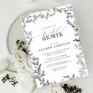 Minimalist Leaf Modern Black & White Bridal Shower Invitation