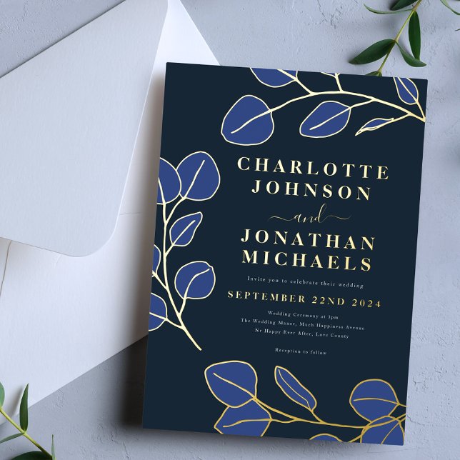 Minimalist Leaf Modern Stylish Blue and Gold (Minimalist stylish modern leaves navy blue and gold foil wedding invitation )
