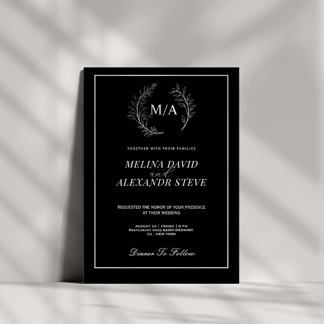 Minimalist leaf monogram black and white wedding  invitation (Creator Uploaded)