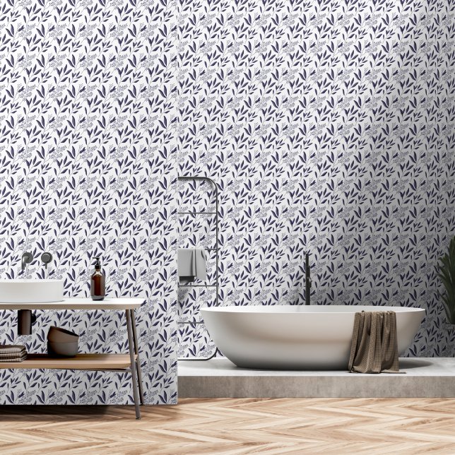 Minimalist Leaf Pattern Navy Blue White Wallpaper (Bathroom)
