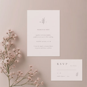 Minimalist Leaf Pink Black Wedding RSVP Invitation