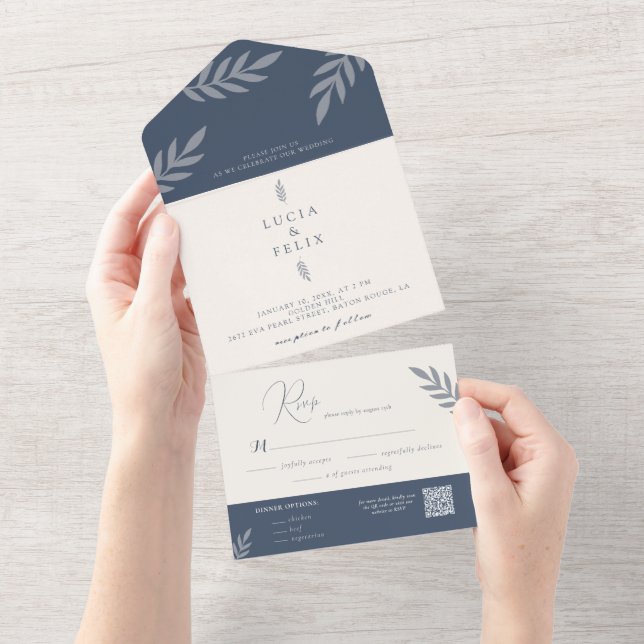 Minimalist Leaves Delicate Wedding All In One Invitation (Tearaway)