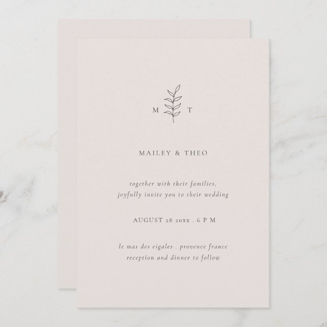 Minimalist Leaves Pink Black Wedding Invitation (Front/Back)