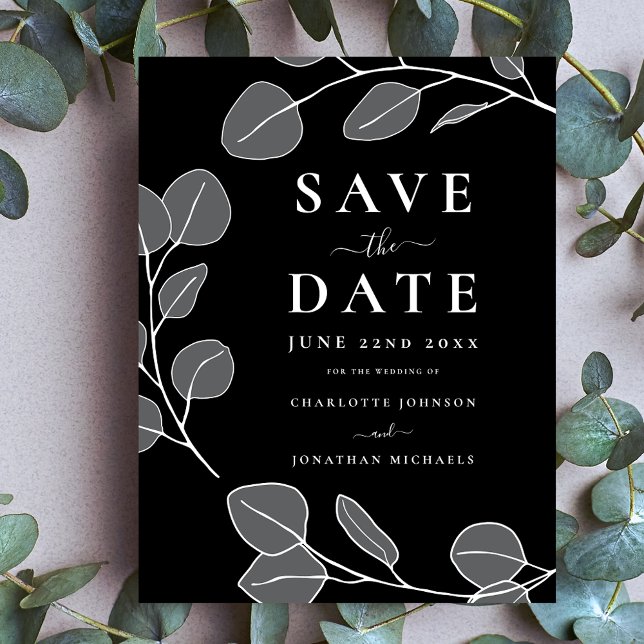 Minimalist Leaves Stylish Grey Black Wedding Save The Date (Minimalist eucalyptus leaves modern stylish weddding save the date invitation )