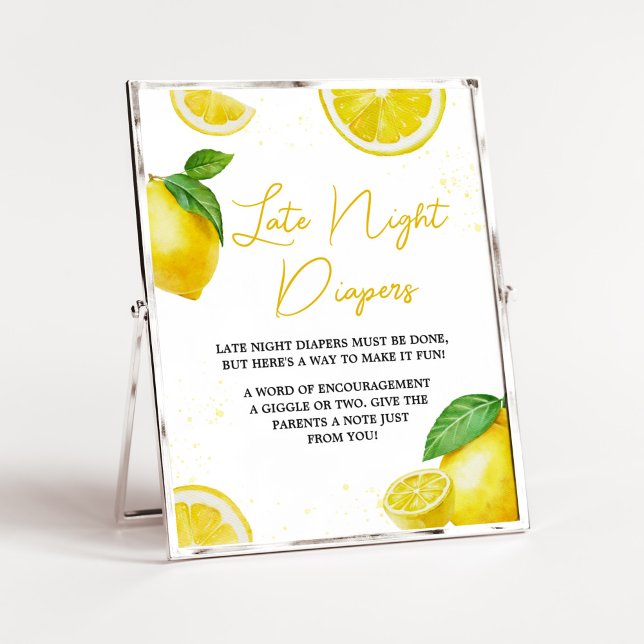 Minimalist Lemonade Baby Shower Late Night Diapers Poster (Gender Neutral Summer Citrus Baby Shower Late Night Diapers Sign)
