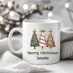 Minimalist leopard christmas trees personalised coffee mug
