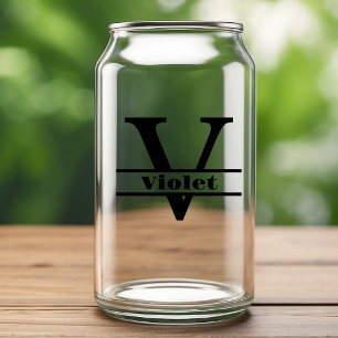 Minimalist Letter V Monogram and Custom Name Can Glass