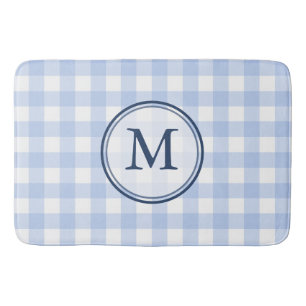 Minimalist Light Blue and White Gingham Monogram Bath Mat