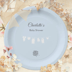 Minimalist Light Blue Clothesline Baby Boy Shower Paper Plate