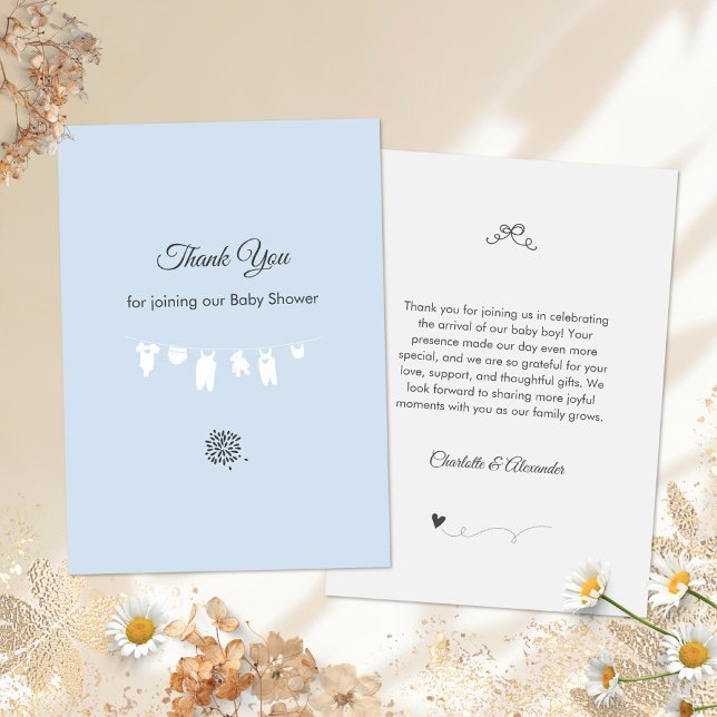 Minimalist Light Blue Clothesline Baby Boy Shower Thank You Card (Minimalist Light Blue Clothesline Baby Boy Shower Thank You ©Susanne Sachers - Sunny Mind Design  🌞)