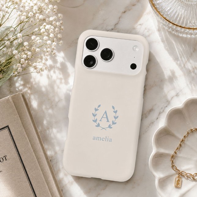 Minimalist Light Blue Initial Name Laurel Monogram (Elegant personalized ivory phone case with a light blue minimalist laurel wreath monogram)