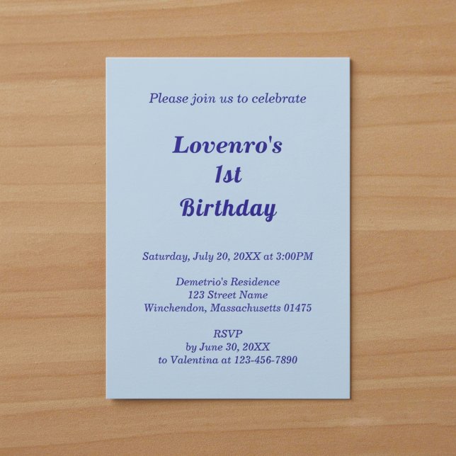 Minimalist Light Blue Kids Birthday Invitation (Light Blue Minimalist Typography Style Kids Birthday Invitation)