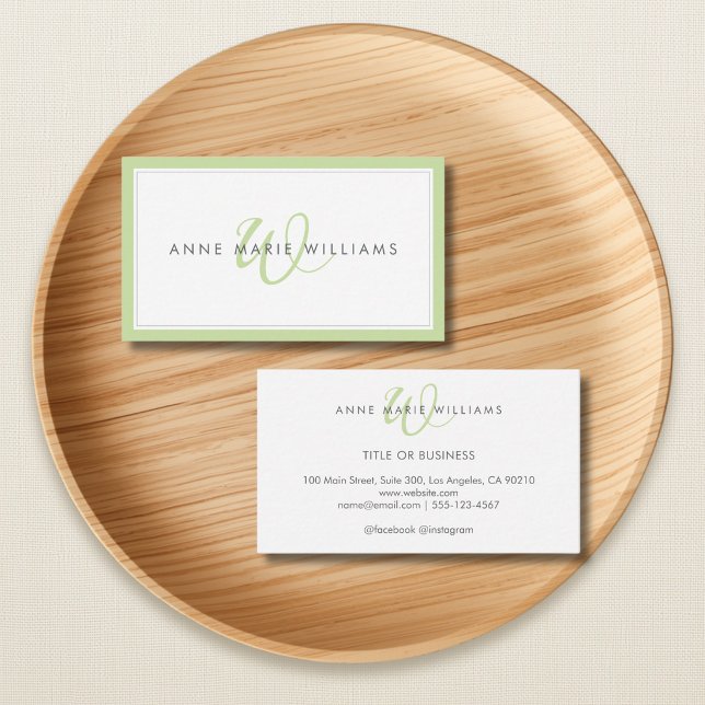 Minimalist Light Green Script Two Border Monogram Business Card (Creator Uploaded)