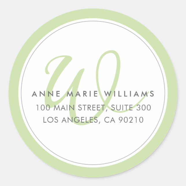 Minimalist Light Green Two Border Monogram Classic Round Sticker (Front)