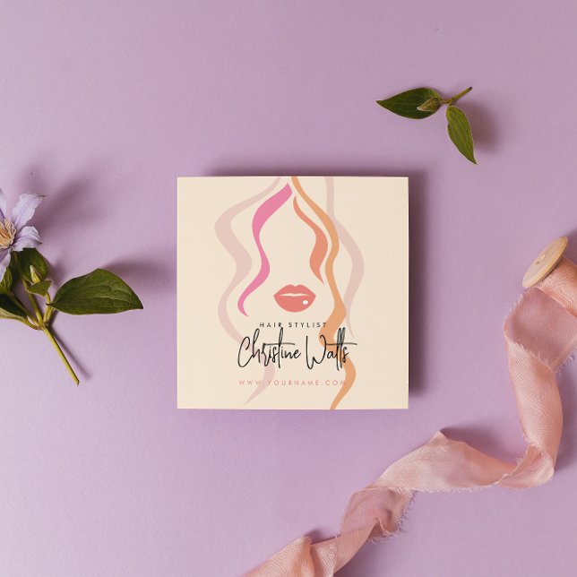 Minimalist Light Peach Hairstylist Wavy Hair QR Square Business Card (Creator Uploaded)
