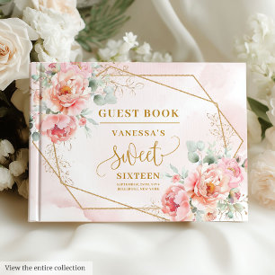 Minimalist Light Pink Gold Peonies Sweet Sixteen  Guest Book
