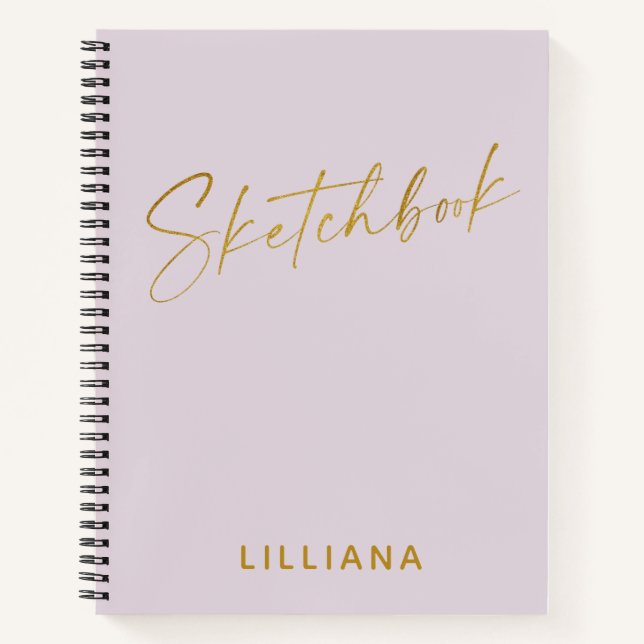 Minimalist Lilac and Gold Personalised Sketchbook Notebook (Front)