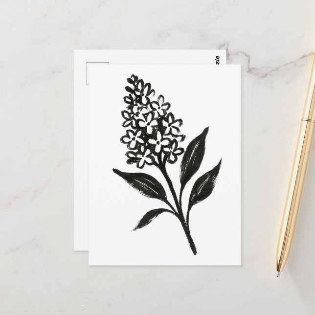 Minimalist Lilac – Ink Bloom Botanical Design on  Postcard (Front/Back In Situ)