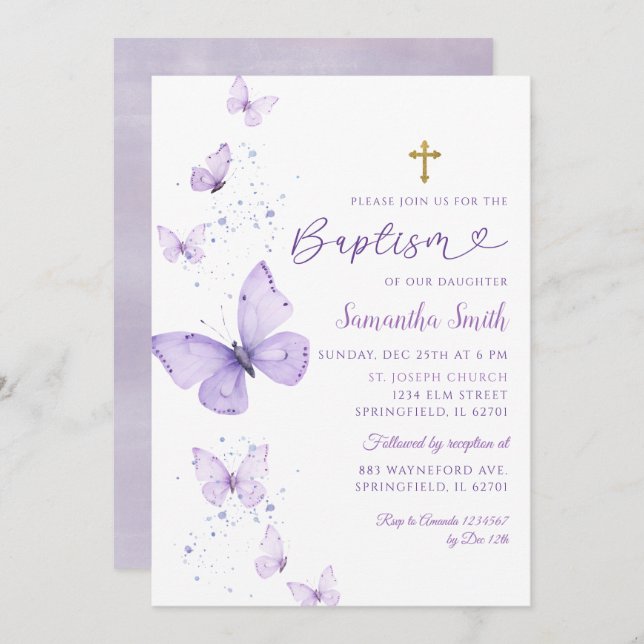 Minimalist Lilac Purple Butterfly Girl Baptism Invitation (Front/Back)