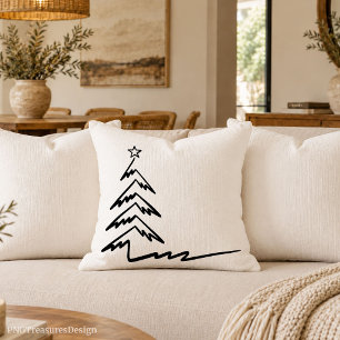 Minimalist line art black and white Christmas tree Cushion