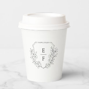 Minimalist Line Art Cherry Blossom Monogram Crest  Paper Cups