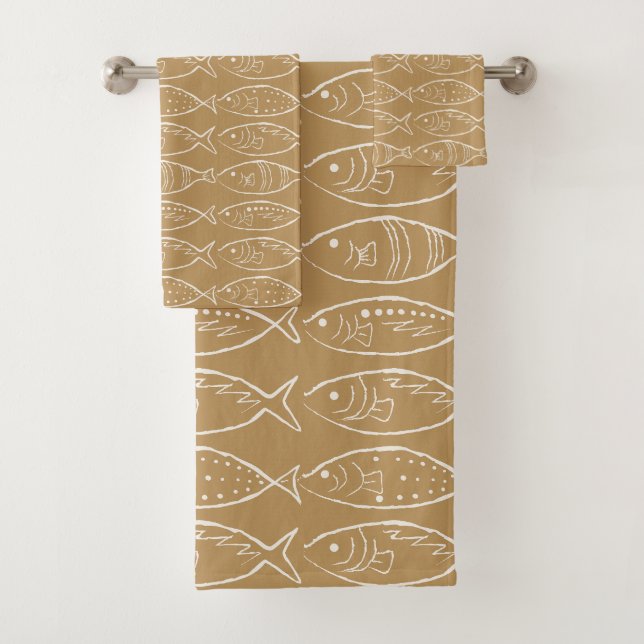 Minimalist Line Art Fish Brass Bath Towel Set (Insitu)