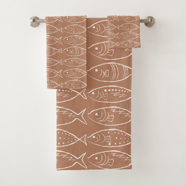 Minimalist Line Art Fish Clay Bath Towel Set (Insitu)