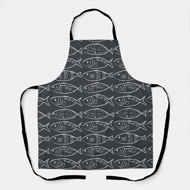 Minimalist Line Art Fish Kitchen Soft Black Apron (Front)