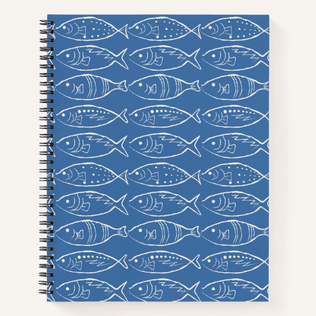 Minimalist Line Art Fish Ocean Blue Notebook (Front)