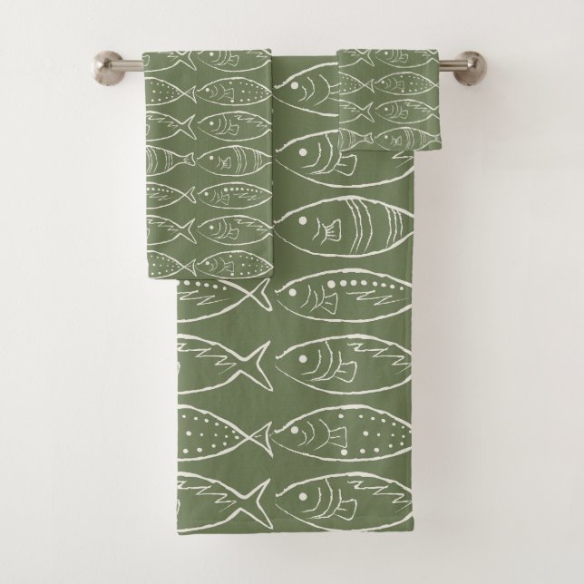 Minimalist Line Art Fish Olive Bath Towel Set (Insitu)