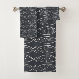 Minimalist Line Art Fish Soft Black Bath Towel Set