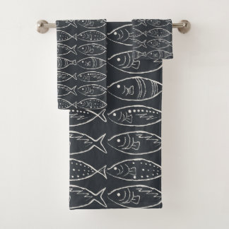 Minimalist Line Art Fish Soft Black Bath Towel Set