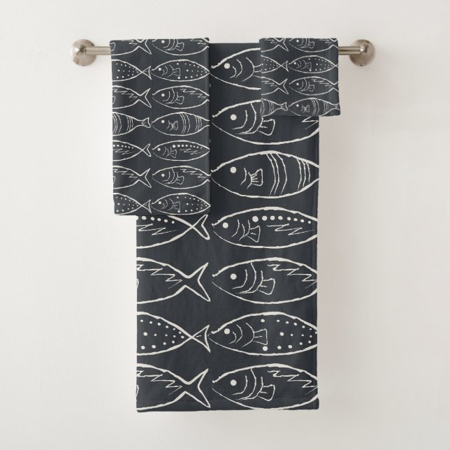 Minimalist Line Art Fish Soft Black Bath Towel Set (Insitu)