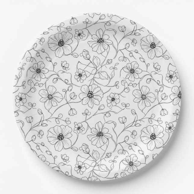 Minimalist Line Art Floral Seamless Pattern (1) Paper Plate (Front)