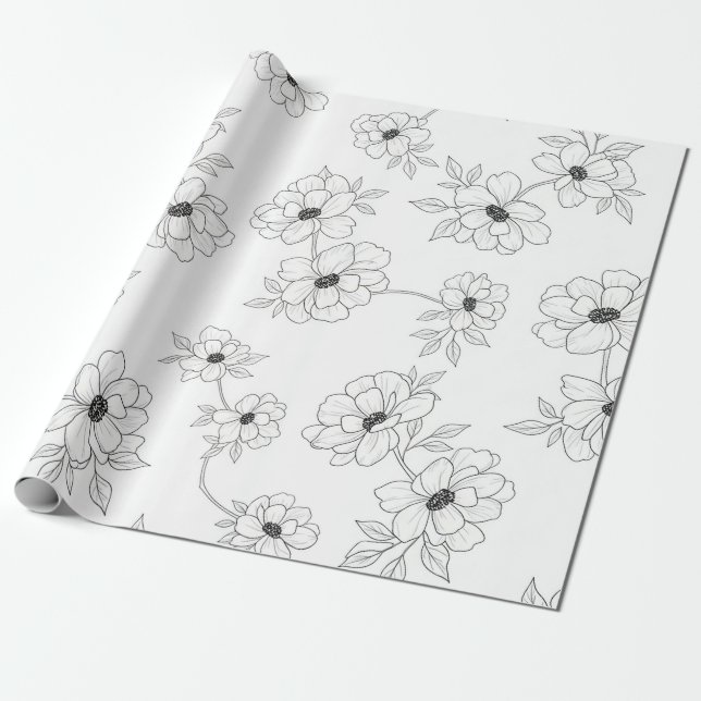 Minimalist Line Art Floral Seamless Pattern (3) Wrapping Paper (Unrolled)